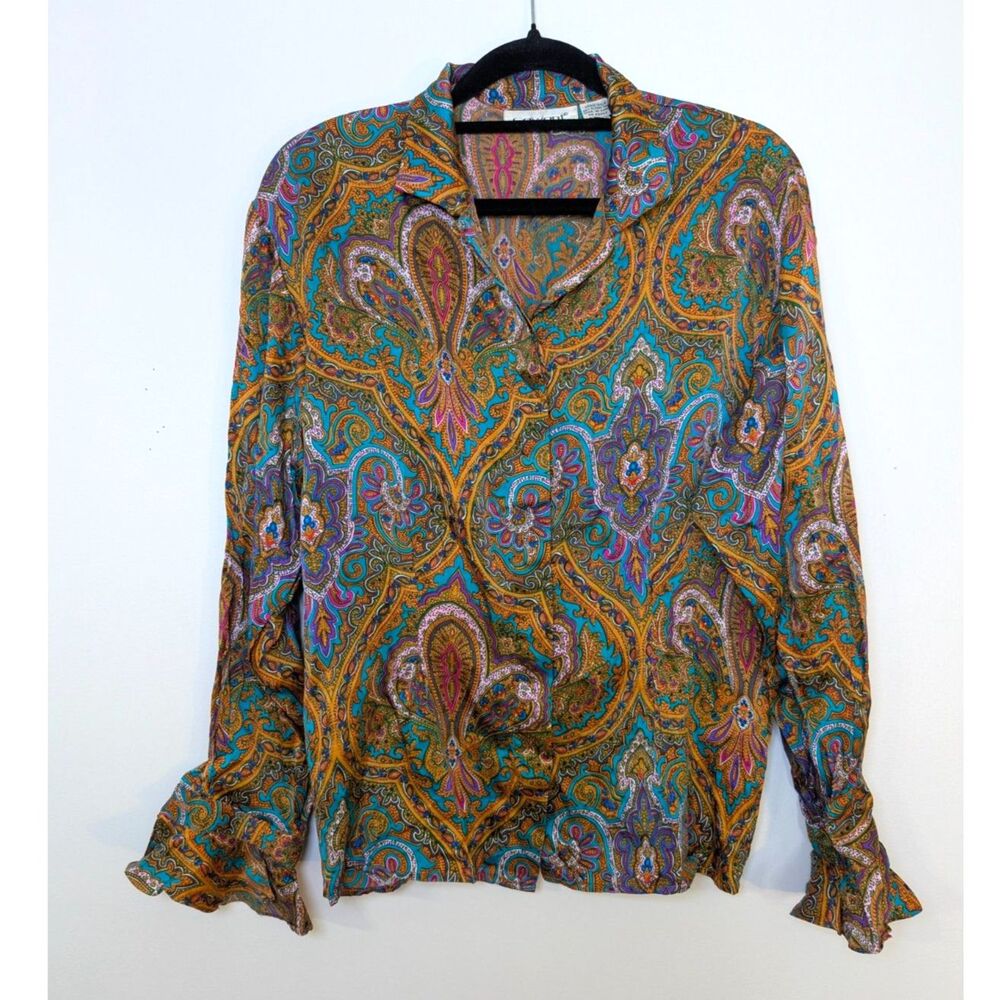 Vintage 90s Silk Paisley Blouse Size 8 Jewel Tone Boho Luxe Button Front Top - Picture 2 of 7
